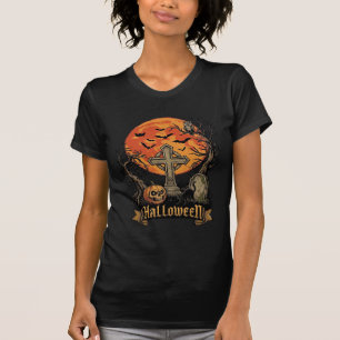 Halloween Cross Gravestone Skull Pumpkin Black Cat T-Shirt