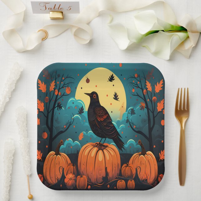 Halloween Crow in the Pumpkin Forest Paper Plate (Wedding)