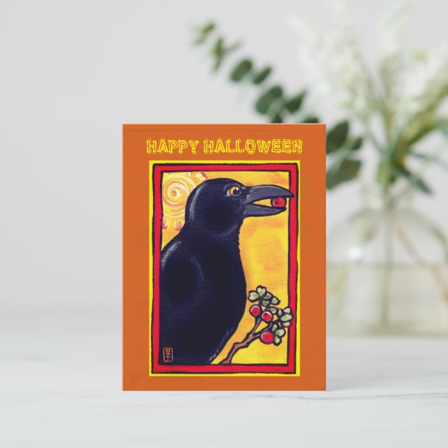 Halloween Crow Raven Colourful Bird Animal Orange Postcard (Standing Front)