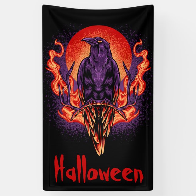 Halloween Crow with Flames Banner (Vertical)