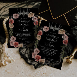 Halloween Crown Pink & Black Floral Wedding - B Invitation