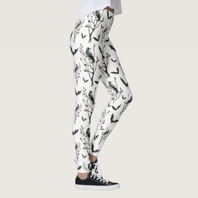 Halloween Crows Bats Black and White Watercolor Leggings (Right)