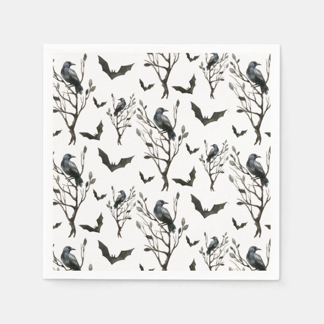 Halloween Crows Bats Black and White Watercolor Napkin (Front)