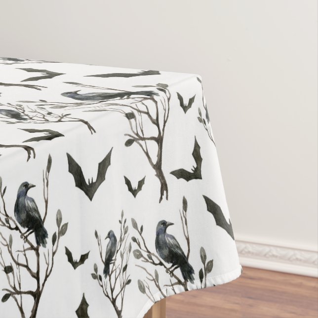 Halloween Crows Bats Black and White Watercolor Tablecloth (In Situ)