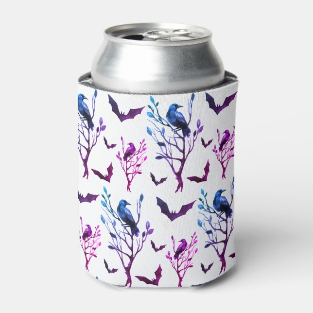 Halloween Crows Bats Pink Purple Watercolor Can Cooler (Can Front)