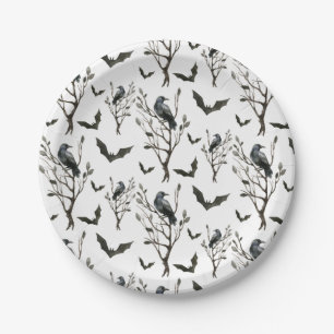 Halloween Crows Bats Scary Black and White Paper Plate