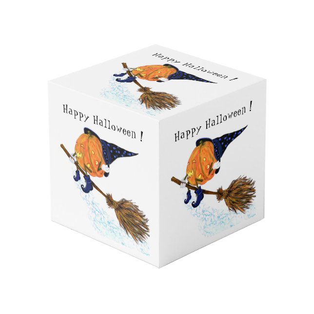 Halloween Cube Witch Pumpkin Flying Broom (Front Angled)