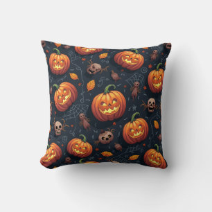 Halloween cushion with skull and pumpkin spiderweb