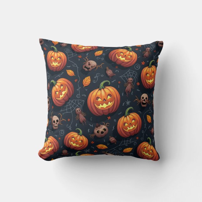 Halloween cushion with skull and pumpkin spiderweb (Front)