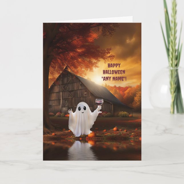Halloween Custom Name Cute Ghost with Wine  Card (Front)