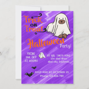 Halloween Custom Whimsical Cute Ghost Dog Purple Invitation