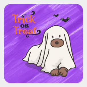 Halloween Custom Whimsical Cute Ghost Dog Purple Square Sticker