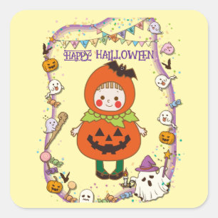 Halloween Custom Whimsical Cute Pumpkin Girl Square Sticker