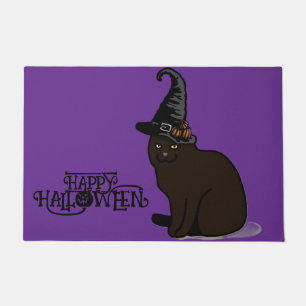 Halloween Custom Whimsical Cute Witch Cat Purple Doormat