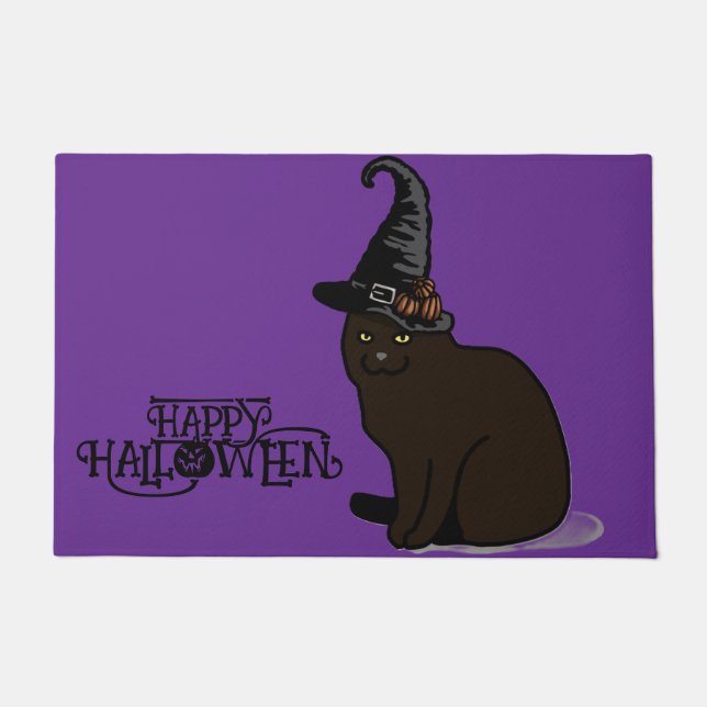 Halloween Custom Whimsical Cute Witch Cat Purple   Doormat (Front)