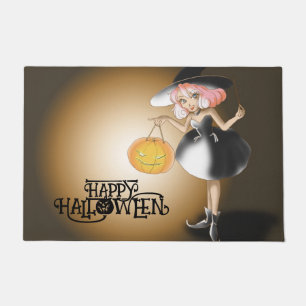 Halloween Custom Whimsical Cute Witch Pumpkin Doormat