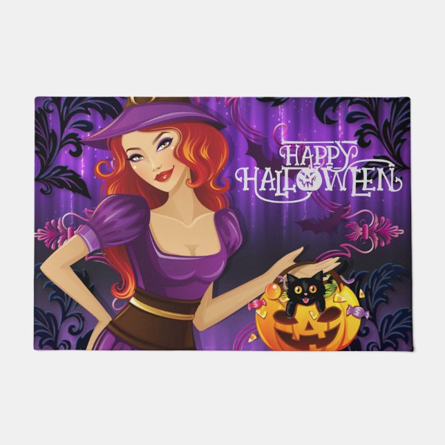 Halloween Custom Whimsical Cute Witch Purple   Doormat (Front)