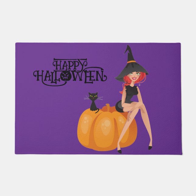 Halloween Custom Whimsical Cute Witch Purple  Doormat (Front)