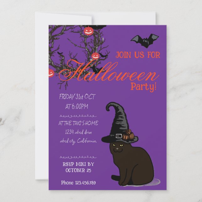  Halloween Custom Whimsical Funny Cat Purple  Invitation (Front)