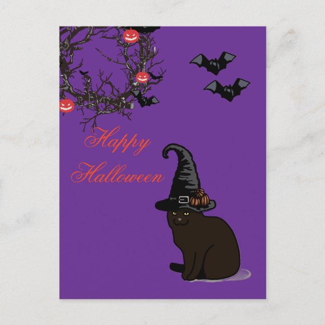  Halloween Custom Whimsical Funny Cat Purple  Postcard (Front)