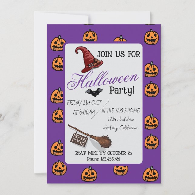 Halloween Custom Whimsical Funny Modern Purple   Invitation (Front)