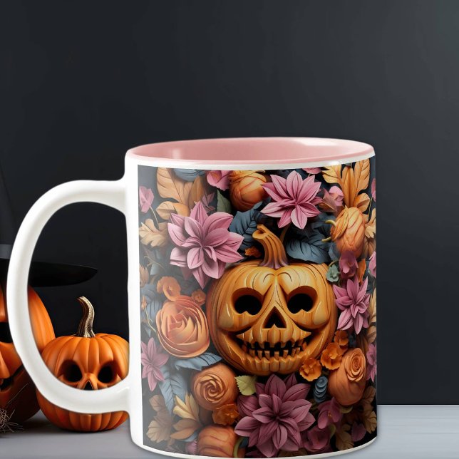 Halloween Cute 3D Pumpkin and Flowers, Pink  Two-Tone Coffee Mug (Creator Uploaded)