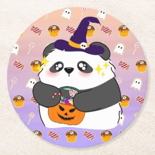 Halloween Cute Baby Panda Trick or Treat Round Paper Coaster