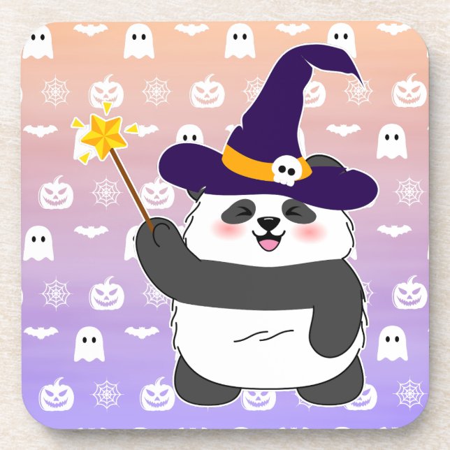 Halloween Cute Baby Panda Witch Magic Wand Coaster (Front)