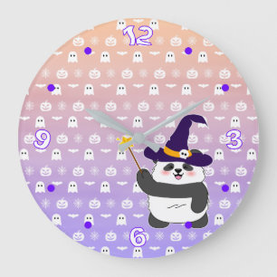 Halloween Cute Baby Panda Witch Magic Wand Large Clock
