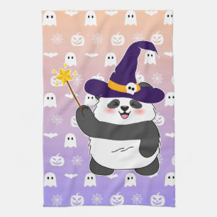 Halloween Cute Baby Panda Witch Magic Wand Tea Towel