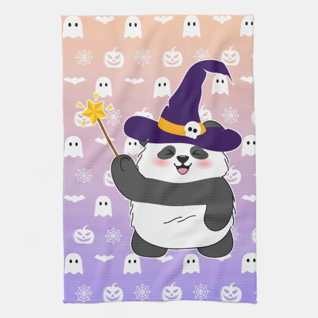 Halloween Cute Baby Panda Witch Magic Wand Tea Towel (Vertical)