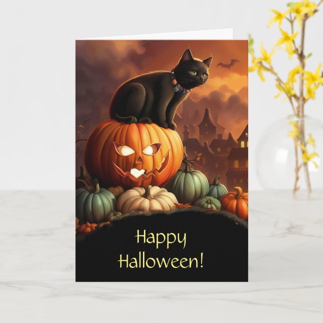 Halloween Cute Black Cat and Jack O Lantern Card (Yellow Flower)