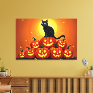 Halloween cute black cat and Jack’s lanterns  Canvas Print