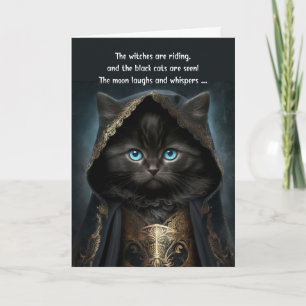 Halloween Cute Black Cat in a Witch Cape with Poem Holiday Card