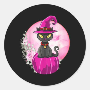Halloween Cute Black Cat On Pumpkin Full Moon Classic Round Sticker