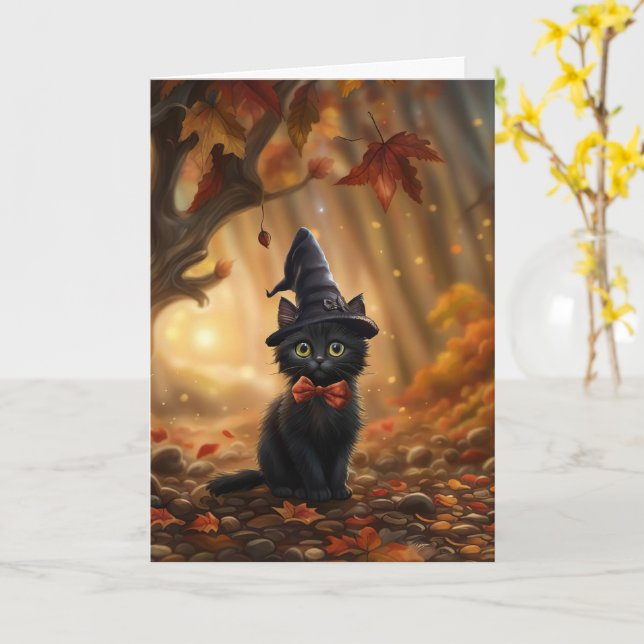 Halloween Cute Black Cat with Witch Hat and Fall  Card (Yellow Flower)