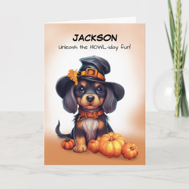 Halloween Cute Black Dog Wearing Hat with Pumpkins Card (Front)