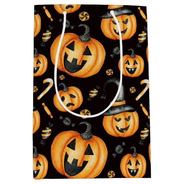 Halloween Cute Black Orange Jack-o-Lantern Candy Medium Gift Bag (Front)