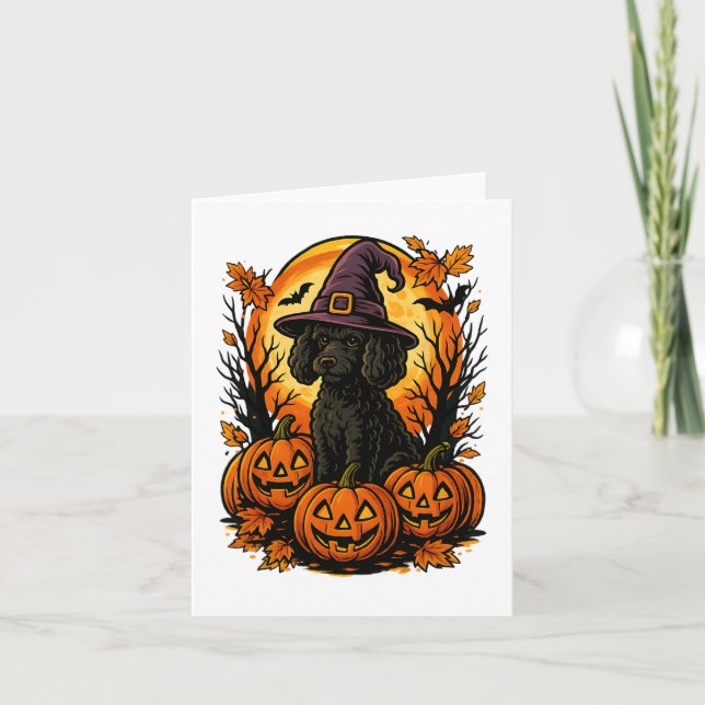 Halloween Cute Black Poodle Witch Hat Pumpkins Aut Card (Front)