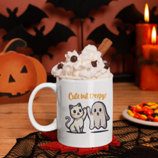 Halloween Cute But Creepy Ghost & Cat Coffee Mug