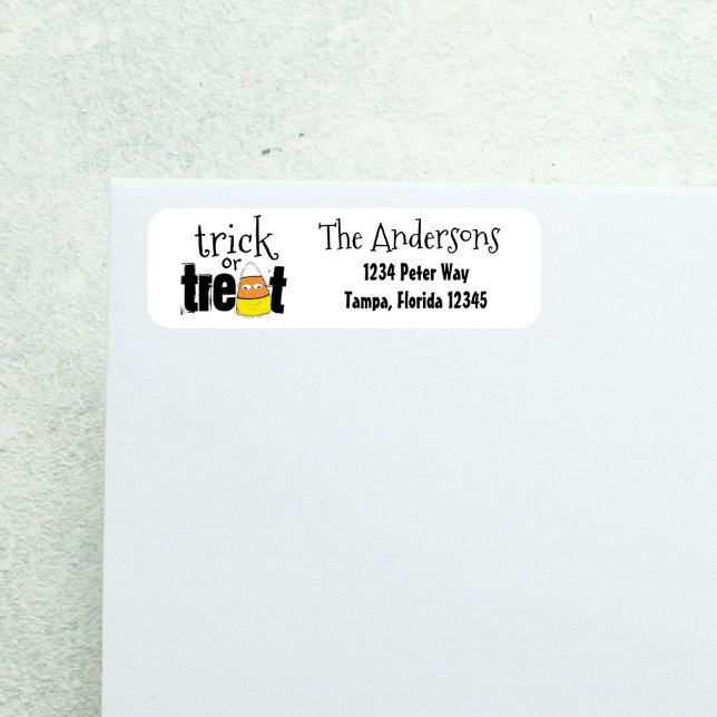 Halloween Cute Candy Corn Smiling Whimsical (Trick or treat Halloween return address label with cute candy corn and playful typography.)