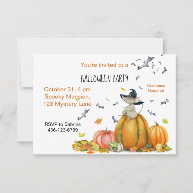 Halloween Cute Cartoon Witch Mouse Invitation (Front)