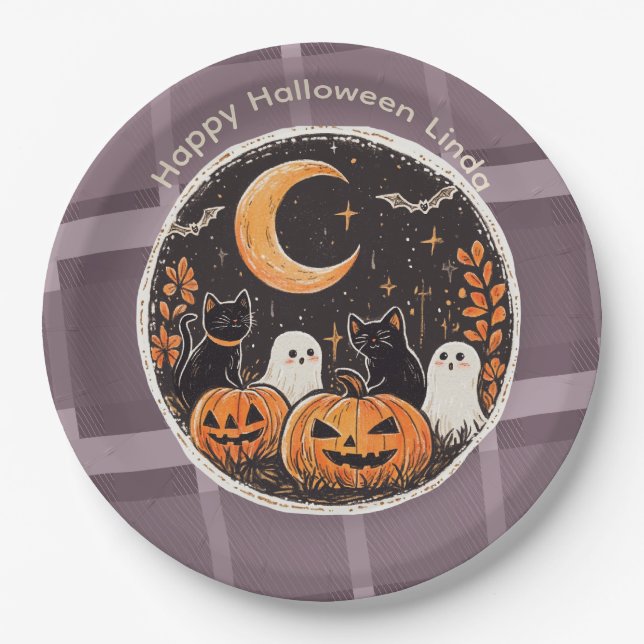 Halloween Cute Cat Ghost Paper Plate (Front)