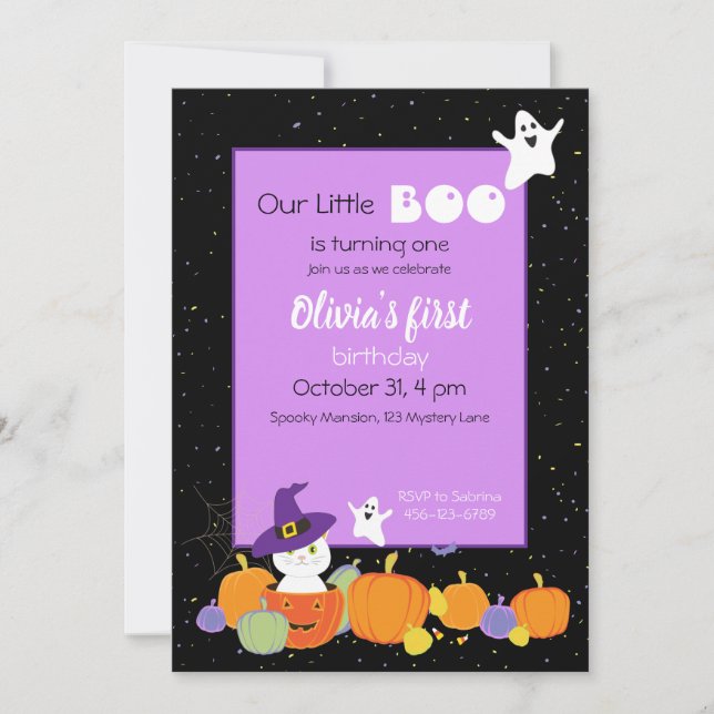 Halloween Cute Cat in Witch Hat Invitation (Front)