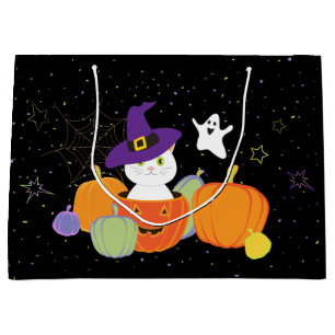 Halloween Cute Cat in Witch Hat Large Gift Bag