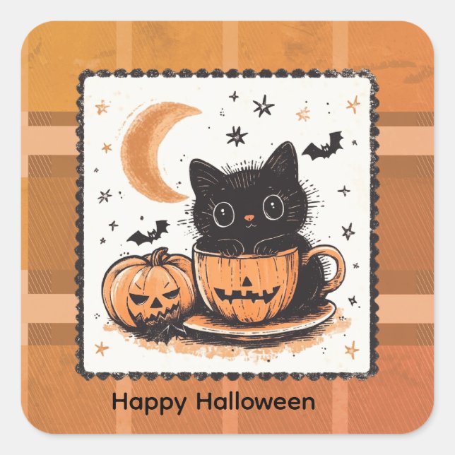 Halloween Cute Cat Pumpkin Square Sticker (Front)