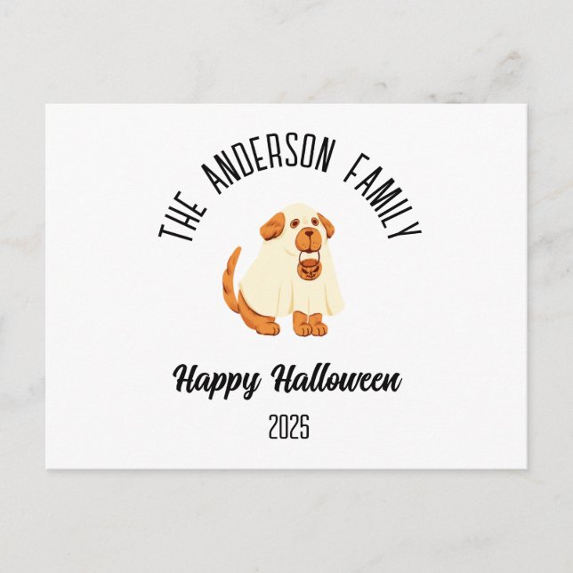 Halloween Cute Dog Ghost Costume Personalised Name Holiday Postcard (Front)
