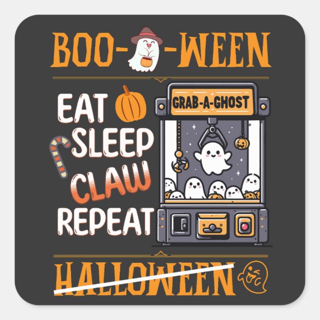 Halloween Cute Eat Sleep Ghost Claw Machine Retro Square Sticker (Front)