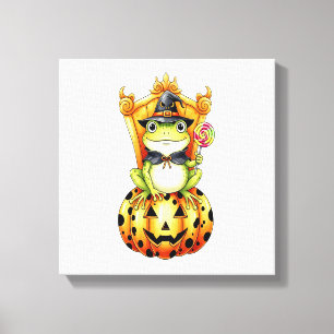 Halloween Cute Frog on Pumpkin Canvas Print