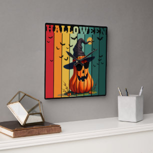 Halloween cute funny pumpkin vintage fall autumn square wall clock